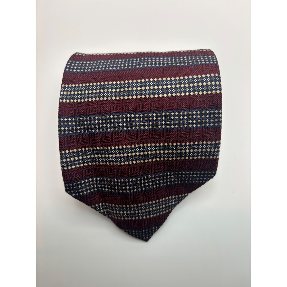 Kenneth Cole New York Mens Silk Necktie Burgundy Navy Blue Gold Striped Tie